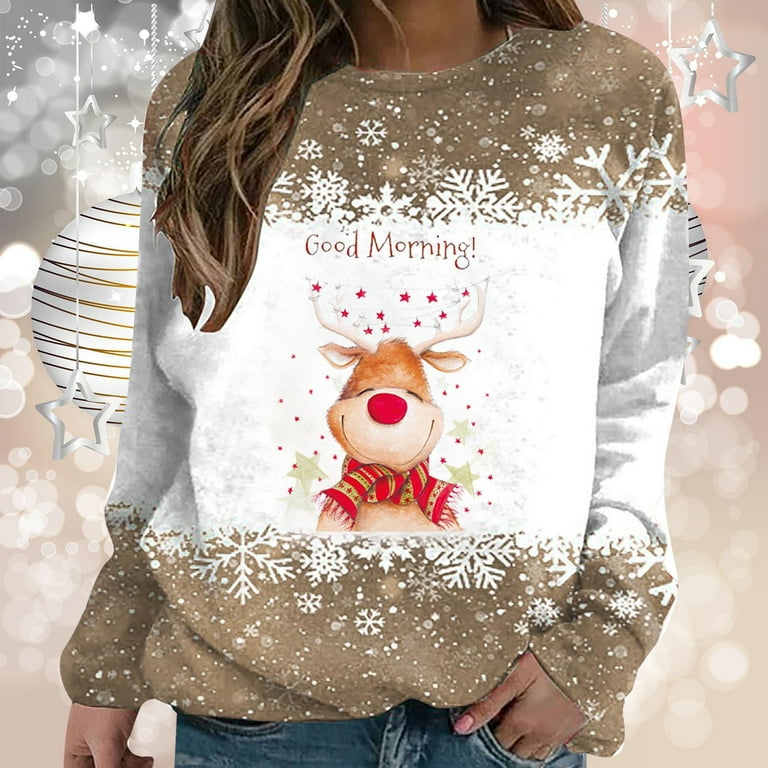 Ugly Christmas Sweater for Women Funny Cute Reindeer Sweatshirt Striped  Color Block Shirt Good Morning Shirt Best Gifts Womens Clothing Cheap Clearance  Sale 