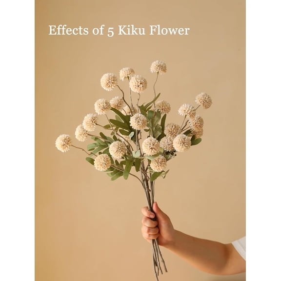 Artificial Kiku Flower - 5 Pcs Fake Pompon Mums Silk Small Chrysanthemum Faux Ball Fall Flower Stem Decor for Autumn Wedding Filler DIY Bouquet Centerpieces Arrangements Shower