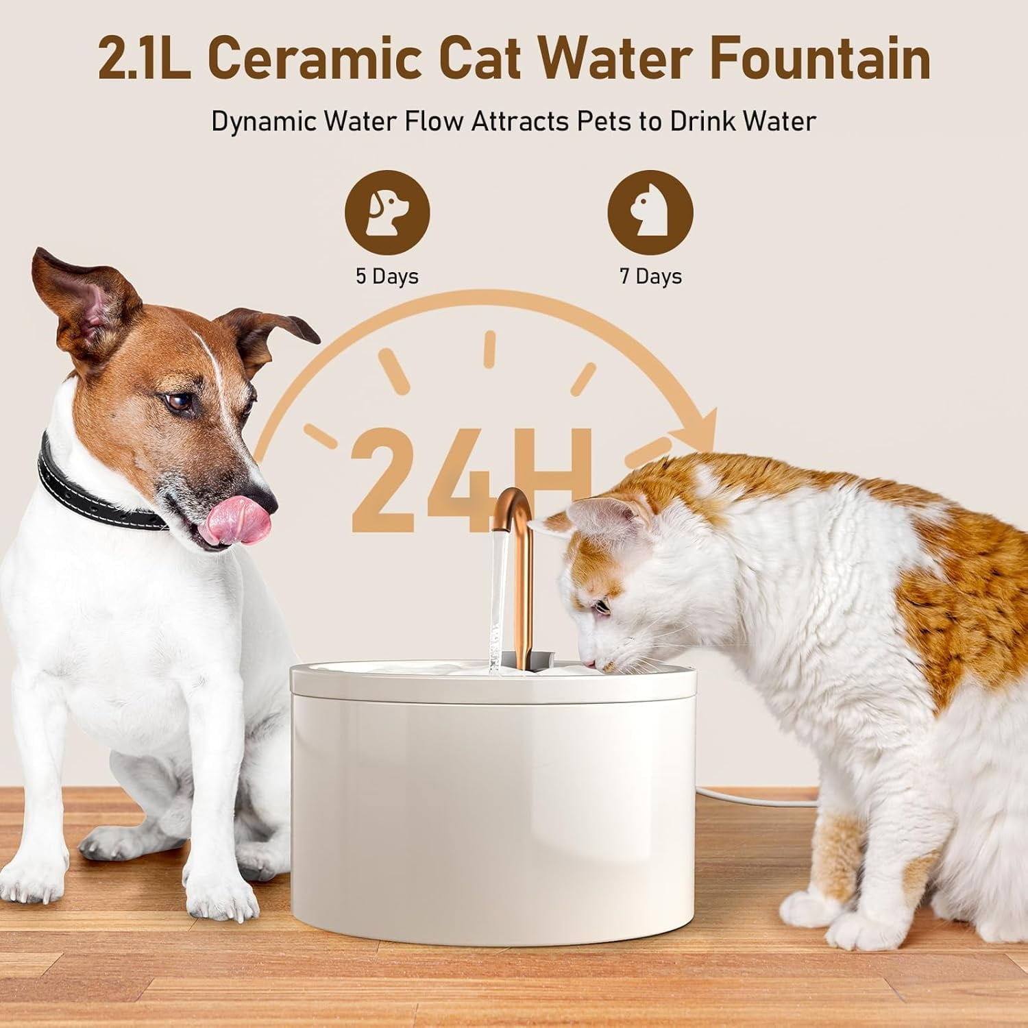 Ceramic Cat Water Fountain, 2.1L/71oz Ceramic Cat Fountain, Automatic Ceramic Water Fountain for Cats, Pet Water Fountain with Ultra-Quiet Pump and 3 Filters & 3 Sponges (White)