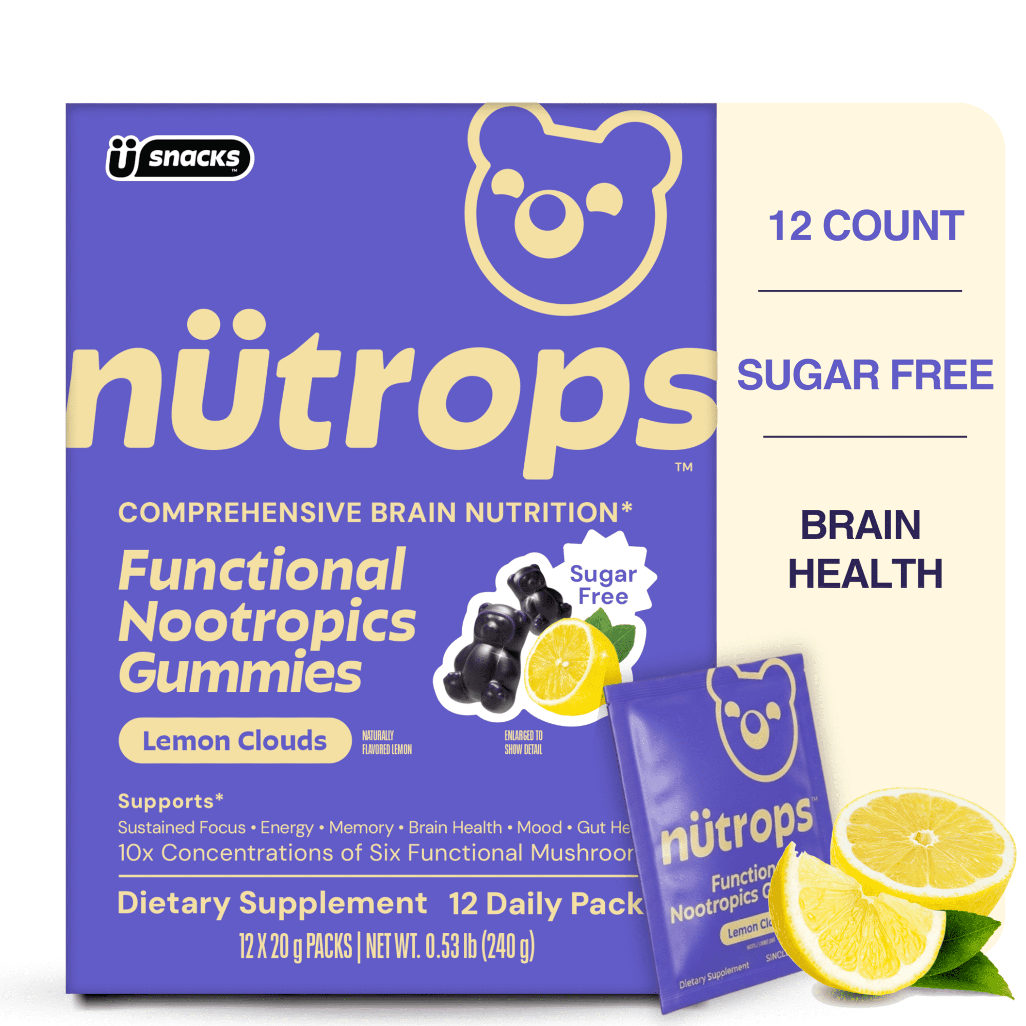 Nutrops by Gruns - Sugar Free Nootropic Mushroom Gummies with Lion's Mane for Cognitive Support, 12 Count