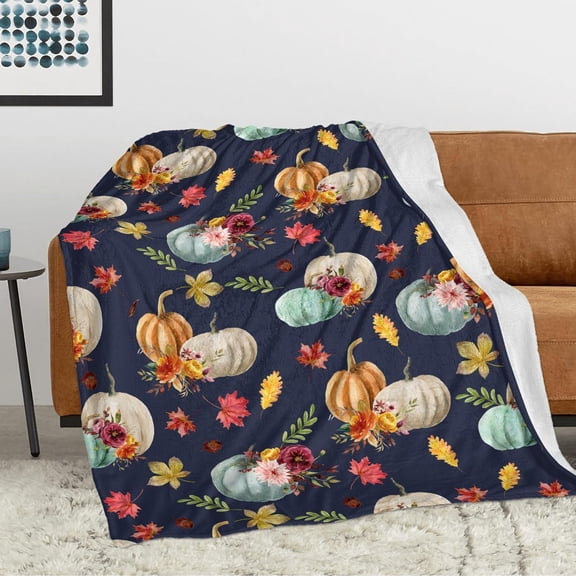 Fleece Throw Blankets, Fall Decor Throw Blanket with Pumpkins Leaves on Blue Background for Couch Sofa Bed, Luxury Soft Lightweight Fuzzy Cozy Flannel Blanket Autumn Decor 50" x 60"