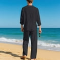 thumbnail image 4 of Men's Solid Color Casual Fashion Linen Quarter Button Stand-Up Collar Long Sleeved Shirt Long Pants Beach Set Lightweight Sweatshirt Fall Clothes Two Piece Lounge Matching Set Men, 4 of 9