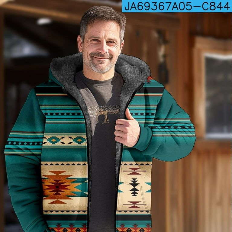 Mens Hoodie Sherpa Fleece Lined Winter Coats Western Style Geometric Print Zip Up Sweatshirt Jacket Size S 6x 5X Large Mint Green Walmart