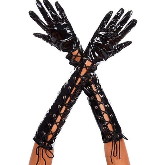 Wet look ribbon lace up gloves 404-BLACKMETALLIC