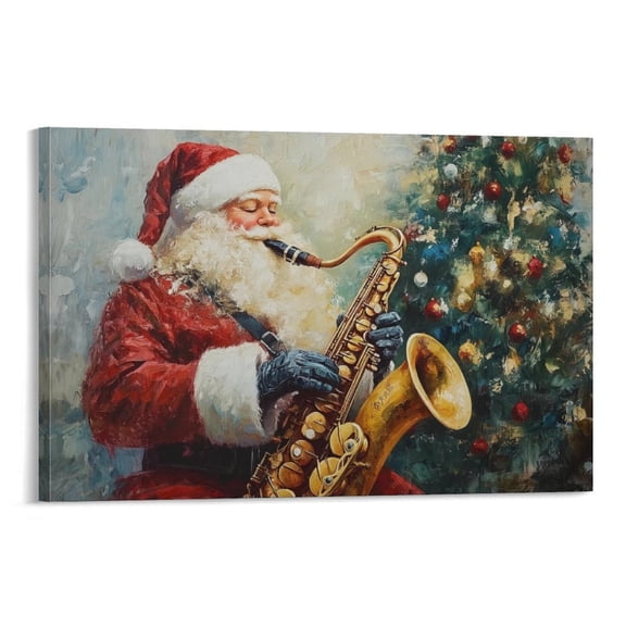 Vintage Christmas Canvas Wall Art Classic Santa Claus Playing Saxophone Painting Retro Xmas Music Theme Poster Prints for Living Room Bedroom Wall Decor New Year Gifts