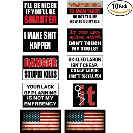 Pack Laser Stickers Flag Design - Funny Hard Hat & Helmet Stickers: 10 Decal Value Pack with Two American Flags. Great for a Construction Toolbox Hardhat Mechanic’s Chest & More. Fun Gift for Pro Union Working Men & Women. USA Made.