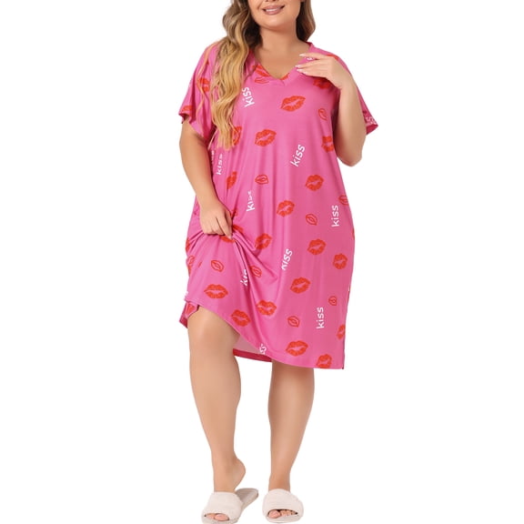 DARING DIVA Women's Plus Size V Neck Star Moon Pattern Nightgown 1X Hot Pink