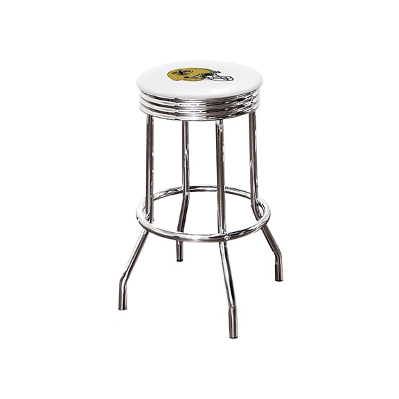 The Furniture King Bar Stool 24" Tall Backless Chrome Metal Stool Featuring Your Favorite Football Team Logo on a Colored Vinyl Swivel Seat Cushion Saints Helmet on White