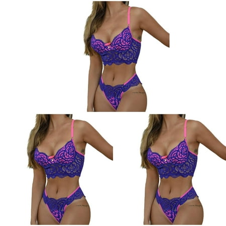 Fashion Sexy Bra Satin Chemise Medium Set Color Matching Embroidery Kimono Lace Robes Women Sexy Lingerie Sexy Valentines Day Sexy SleepwearBlue (3Packs)