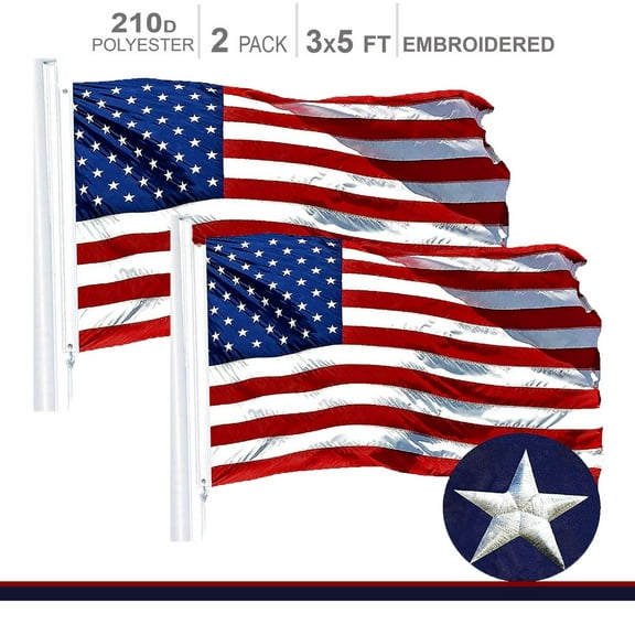 2-PACK | G128 – 2-pk American Flag | 3x5 feet | Embroidered 210D – Embroidered Stars, Sewn Stripes, Brass Grommets, Indoor/Outdoor, Vibrant Colors, Quality Polyester, US USA Flag