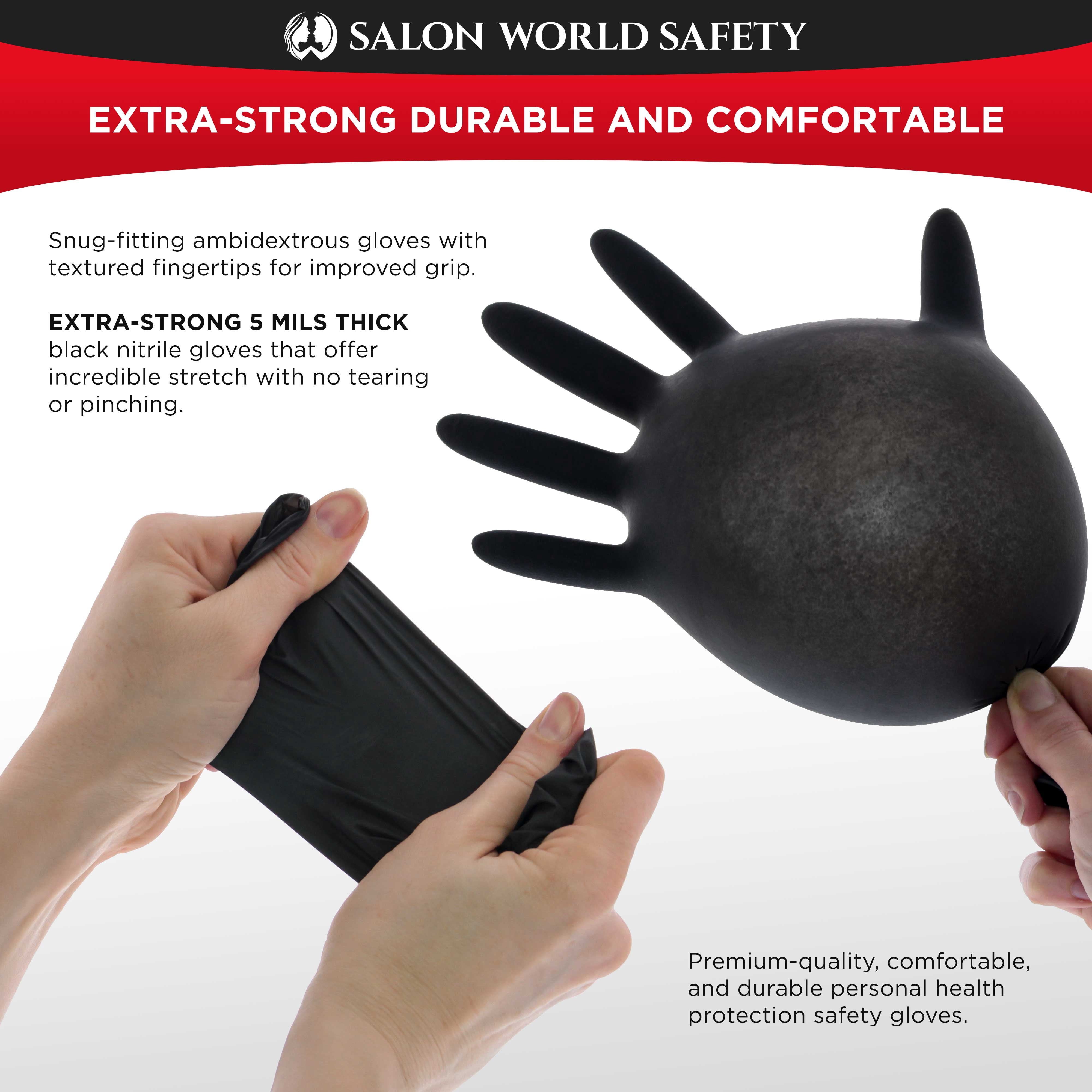 Salon World Safety Black Nitrile Disposable Gloves, 3 Boxes of 100, Size X-Large, 4 Mil Thick - Latex Free, Powder Free, Textured Tips, Food Safe, Comfortable, Extra-Strong Protective Working Gloves