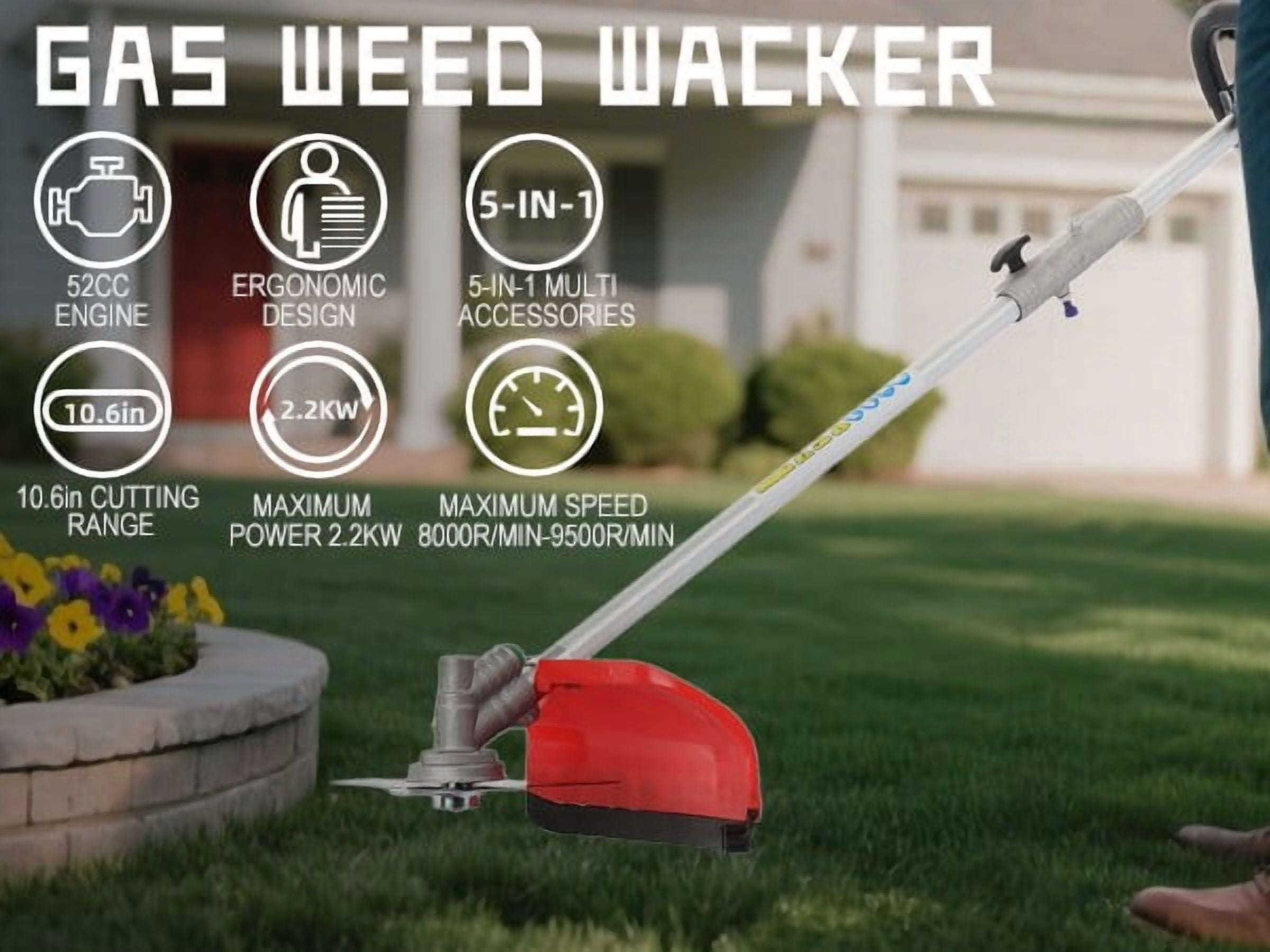 Seipouy 5 in 1 Weed Wacker Gas Powe, 52CC 2-Stroke String Trimmer/Edger, Pole Saw, Hedge Trimmer and Brush Cutter Blade with Extension Pole – Gas Powe Yard Tool for Landscaping