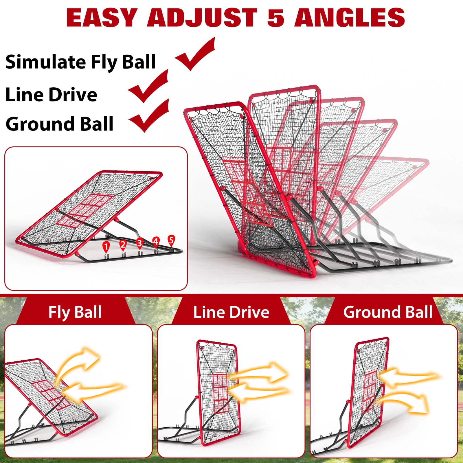 Baseball Rebounder Net, 4x4.5FT 5 Adjustable Angles Baseball Bounce Back Net with UV Resistant, Pitchback Trainer for Ground, Line Drive & Fly Balls