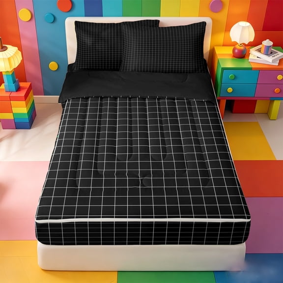 meiyoeat Black Checkered Grid Zipper Twin Comforter Sets with Fitted Sheet and 2 Pillowcases For Kids,Modern Geometric Print Zipper Bedding Set For Adults,Black Reversible,4-Piece