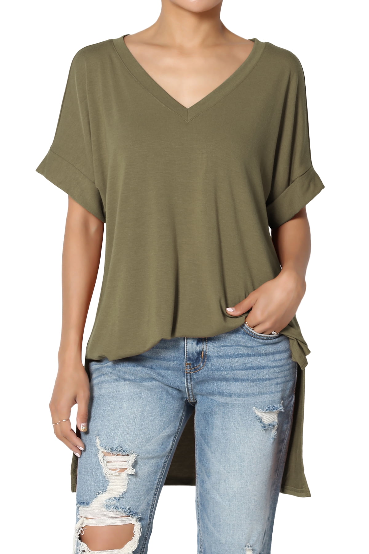 TheMogan S~3X Casual V-Neck Rolled Short Sleeve Hi-Low Side Slit Tunic Top Tee TheMogan S~3X Casual V-Neck Rolled Short Sleeve Hi-Low Side Slit Tunic Top Tee
