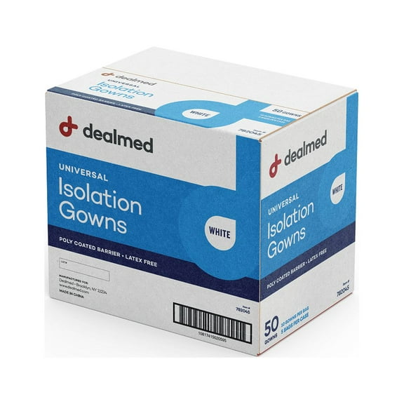 Dealmed Isolation Gowns, Lightweight, Disposable, Medical Poly-Coated Barrier, White, Case of 50