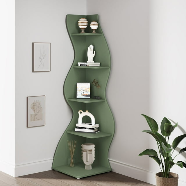 Tribesigns Corner Shelf, Modern 5-Tier Wall Corner Bookshelf, Stylish Corner Small Bookcase Storage Rack Plant Stand with Unique Shape for Living Room, Home Office(Green)