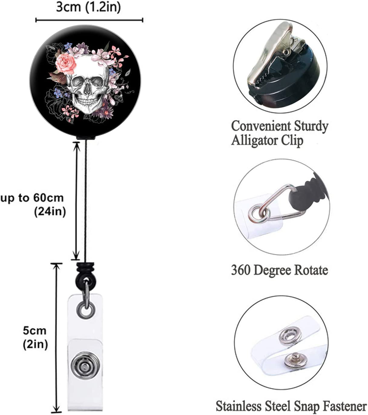 Badge Reel Retractable Cute Badge Holder with Sturdy Clip Name Nurse  Decorative Badge Reel Clip on ID Card Holders for Nurse, Teacher, Student,  Office Worker (Floral Skull / 2 Pack) 