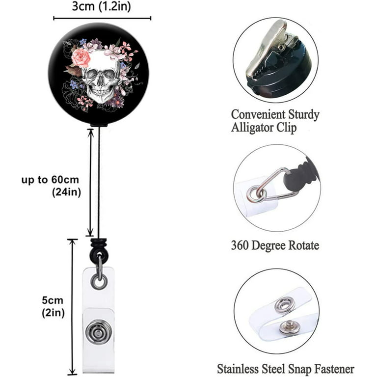 Badge Reel Retractable Cute Badge Holder with Sturdy Clip Name Nurse  Decorative Badge Reel Clip on ID Card Holders for Nurse, Teacher, Student,  Office Worker (Floral Skull / 2 Pack) 