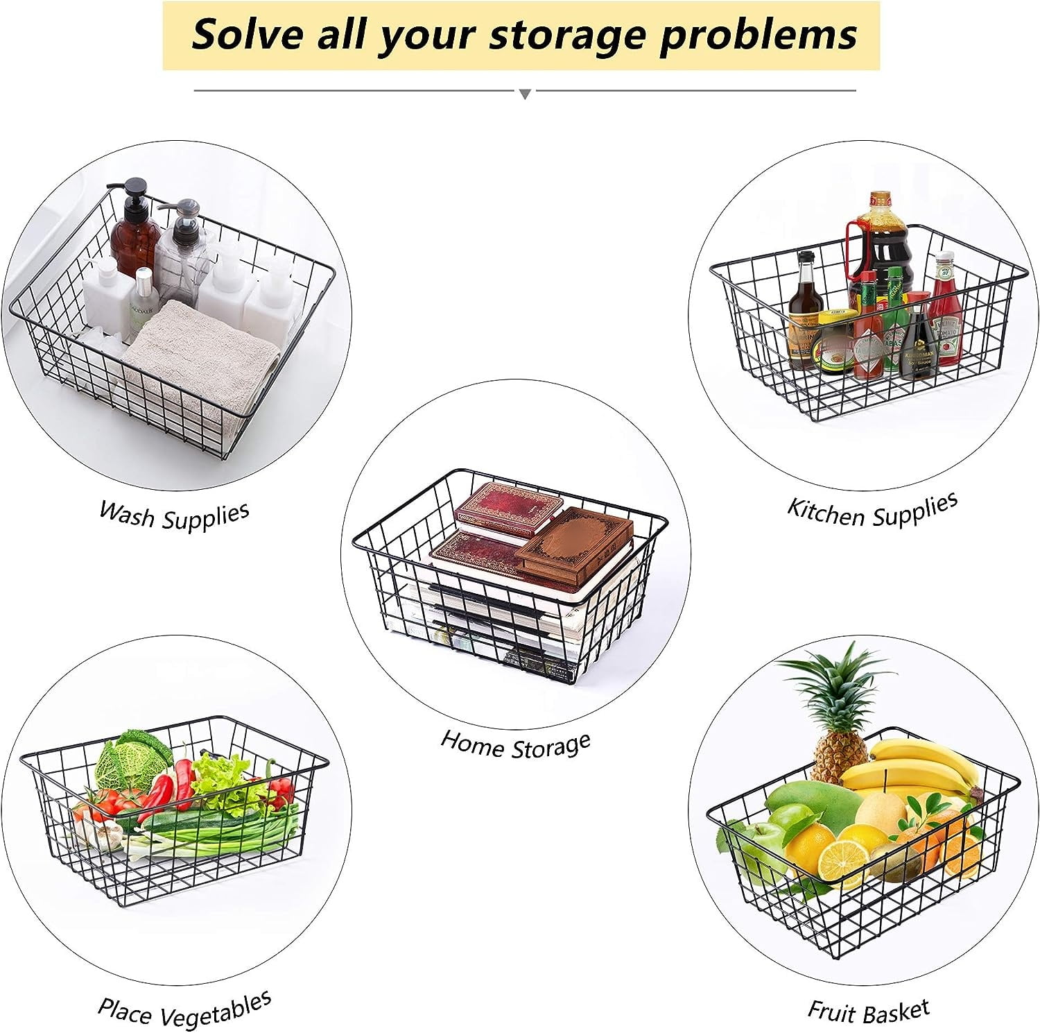 Wire Baskets for Organizing, 2 Pack Kitchen Pantry Organizers and Storage - Metal Basket for Kitchen, Laundry, Garage, Fridge, Stackable Wire Storage Baskets, Black