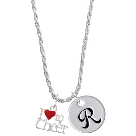 Delight Jewelry Silvertone I love to Cheer with Red Heart Silvertone Script Initial Disc - R - Charm Necklace, 20"+3"