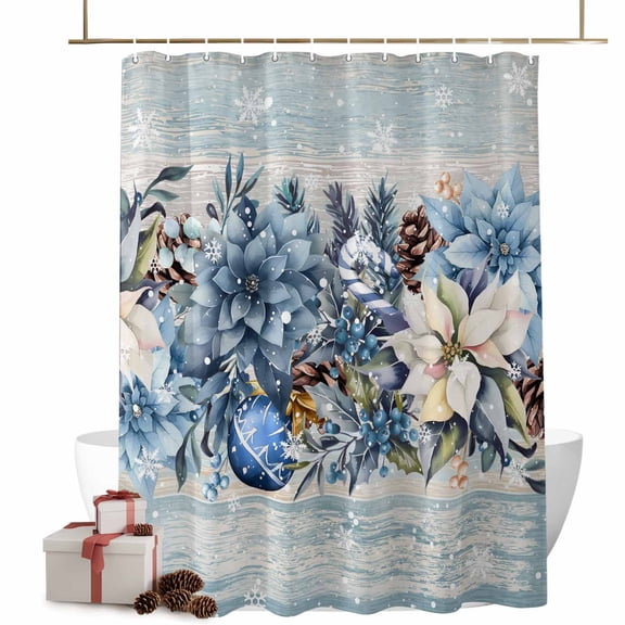 Christmas Flower Bathroom Shower Curtain Blue Poinsettia Floral Xmas Balls Winter Snowflakes Waterproof Washable Shower Curtains for Bathtub Bath Decor with Grommets and Hook 36 X 72 Inch