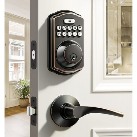 Veise Keyless Entry Door Lock with 2 Lever Handles - Electronic Keypad Deadbolt, Easy Installation Digital Smart Front Door Lock Set, Oil Rubbed Bronze