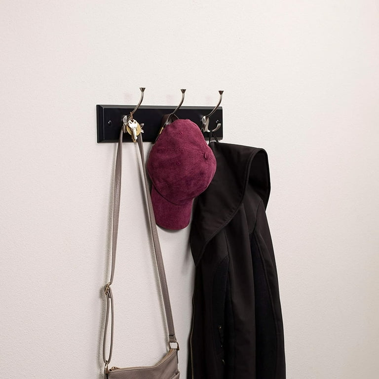 BirdRock Home Tri Hook Coat Rack 3 Hooks Wall Mount Hat Rack Black Finish Satin Nickel Hooks