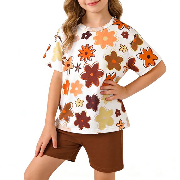 Girls 2 Piece Outfits Retro Floral Print Boho Sets Short Sleeve Top and Elastic Waist Shorts Kids Girl Clothes Brown,Size 7-8T