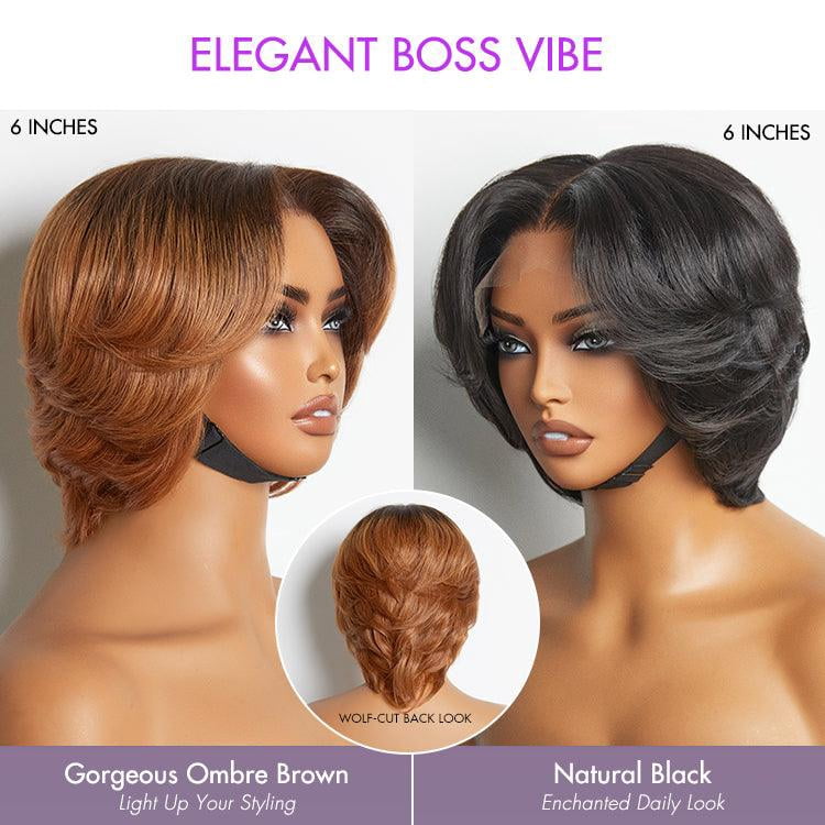 LUVME Elegant Boss Vibe Short Pixie Cut Natural Black / Ombre Brown Glueless Minimalist HD Lace Wig Ready to Go