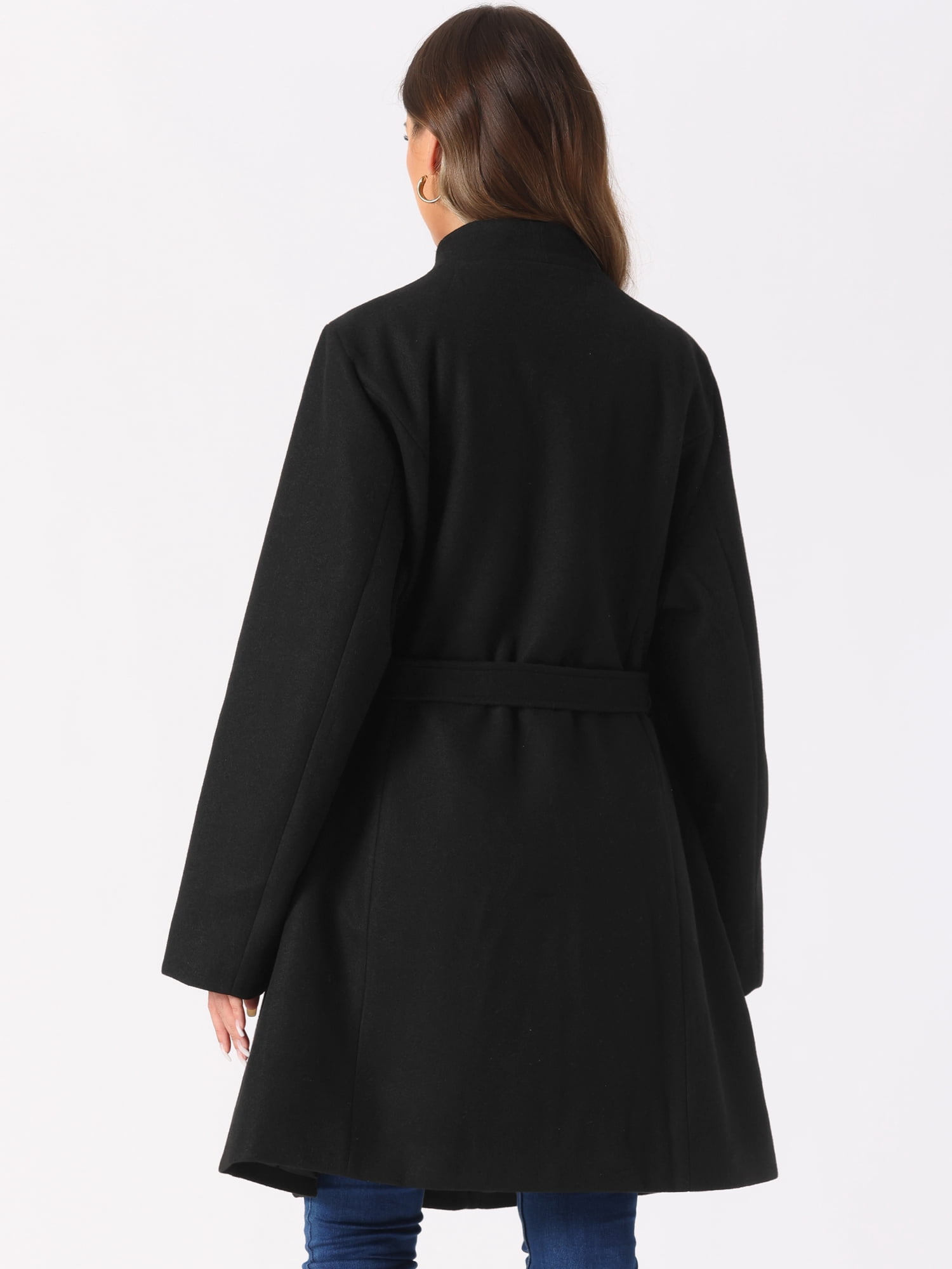 DARING DIVA Women's Stand Collar Long Sleeve Belted Pearl Button Midi Coat Black L