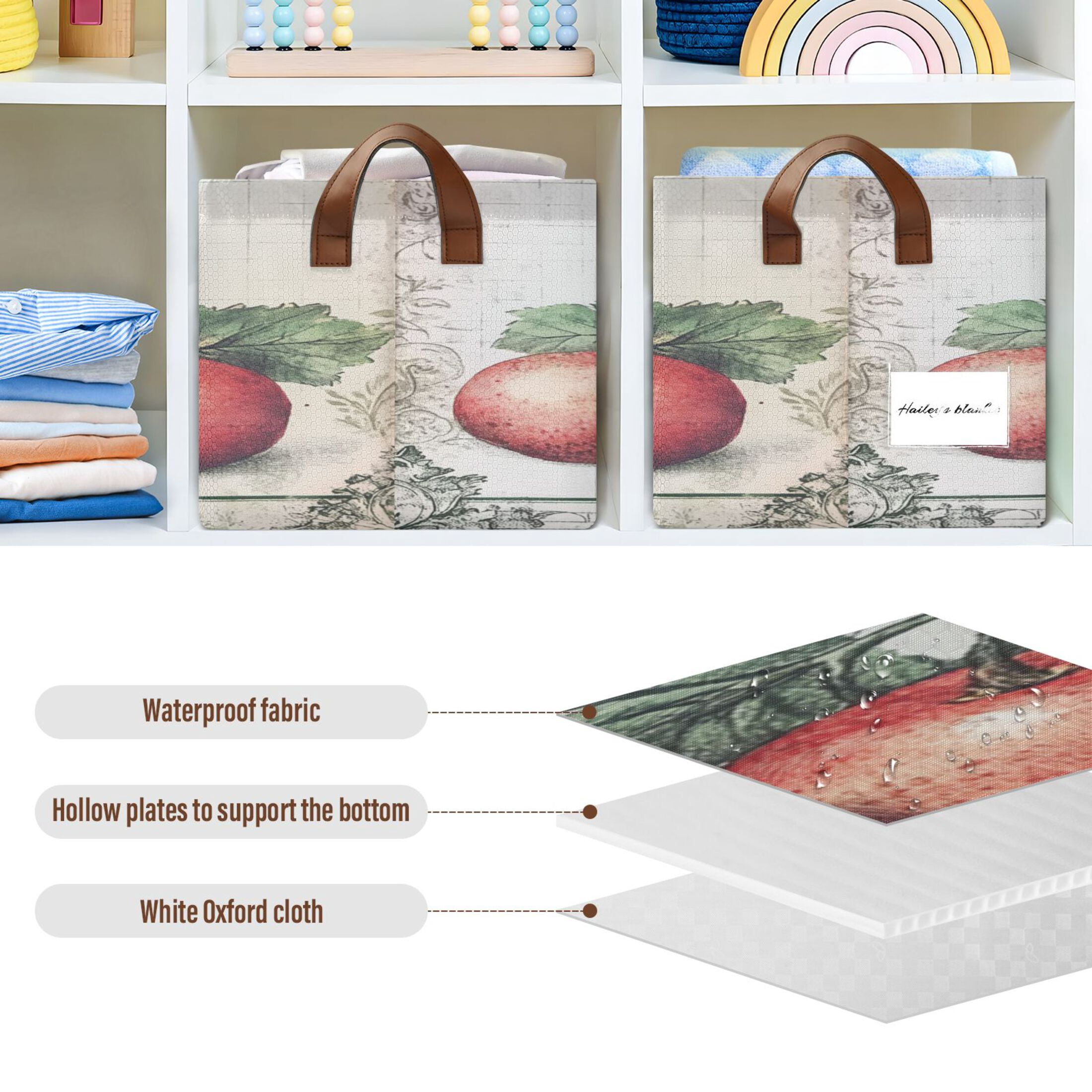 Red Fruit Picture Storage Basket Soccer Plaid Fabric Hoard Box Oversized Collapsible Closet Organizer with Metal Iron Frame 16.9×11.4×10in