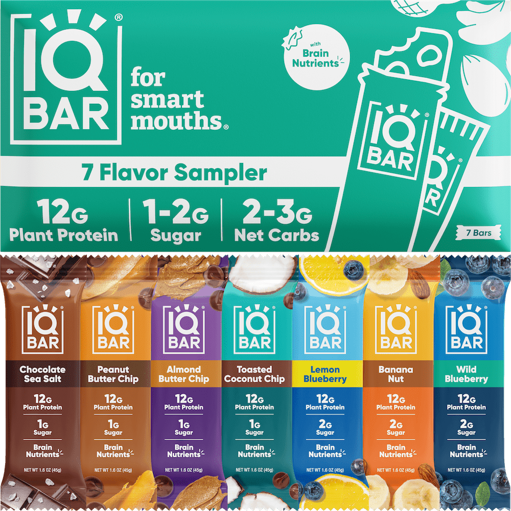 IQBAR Brain and Body Keto Protein Bars - 7 Sampler Keto Bars - Energy Bars - Low Carb Protein Bars - High Fiber Vegan Bars and Low Sugar Meal Replacement Bars - Vegan Snacks