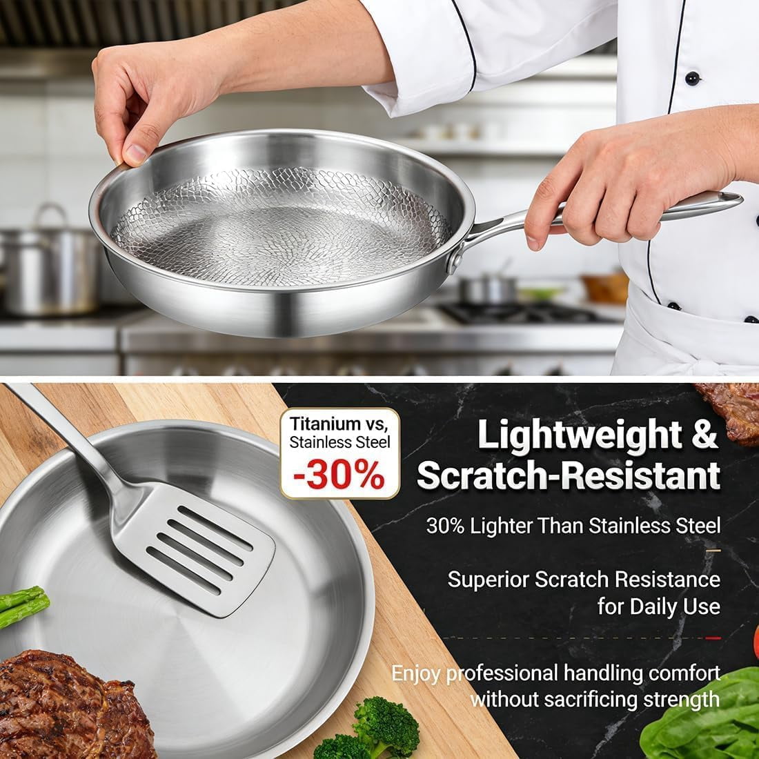 Titanium Pan, 12" 100% Pure Titanium Frying Pan with Lid, Hammered Non-Stick Skillet for All Stovetops, Professional Lightweight Cookware for Healthy Searing & Daily Cooking (11.8 in, With Lid)