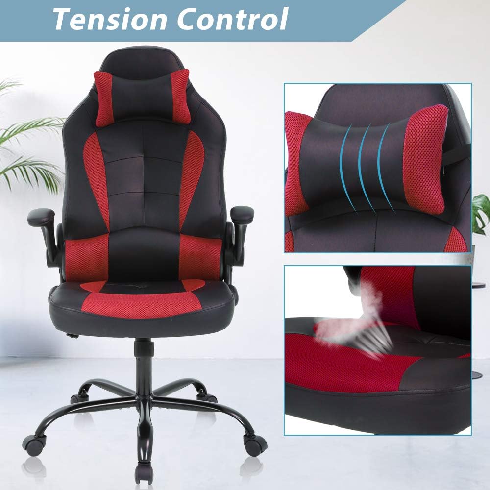 Dkelincs PC Gaming Chair Ergonomic Office Chair with Lumbar Support Flip Up Arms Headrest Adjustable Computer Desk Chair for Adults, Red