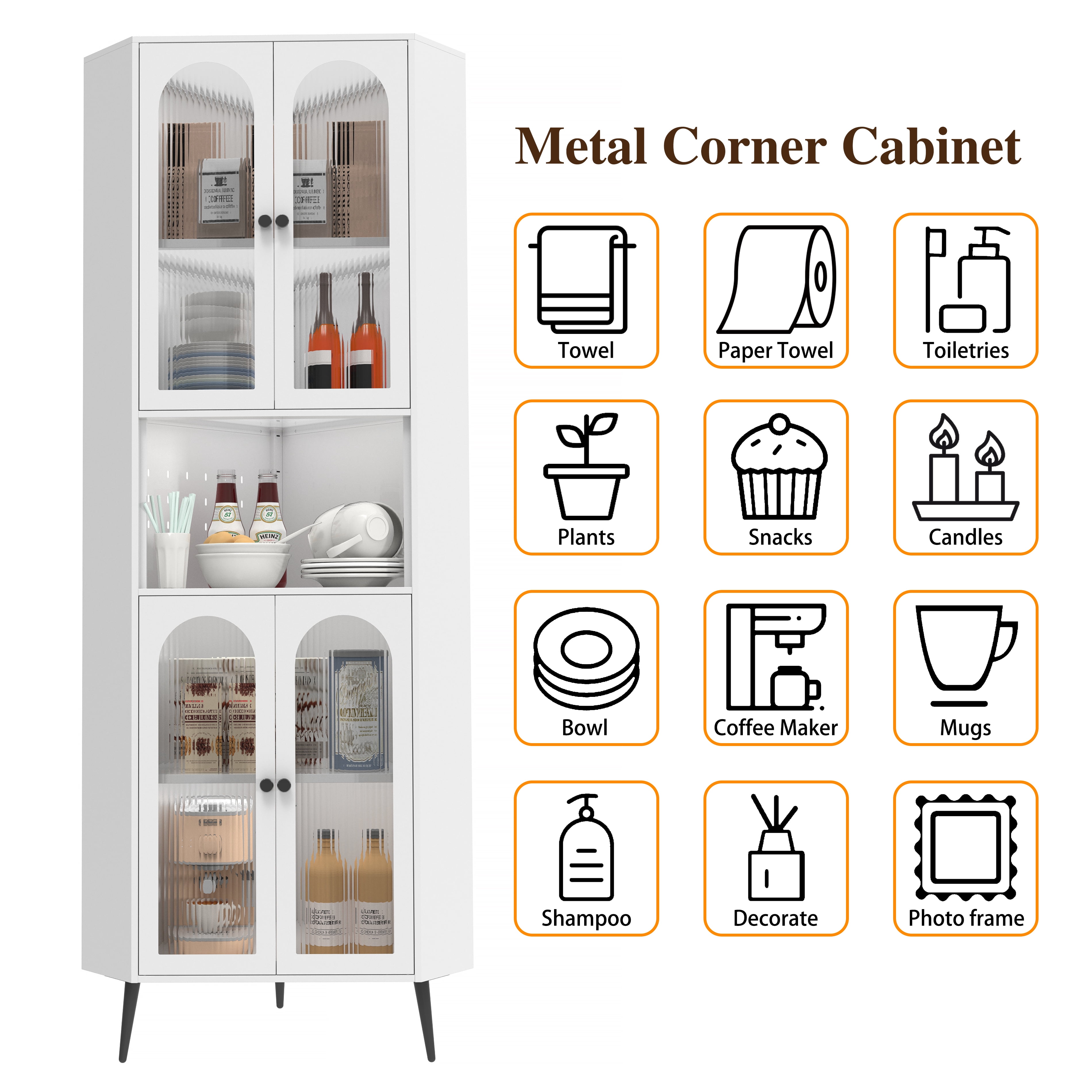Mintazer 73" Tall Corner Storage Cabinet with 6-Tier Adjustable Shelves & 4 Glass Doors, Metal Corner Organizer for Living Room Bedroom Bathroom, White