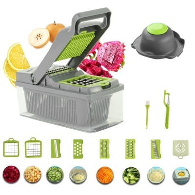 Cortador de verduras multifuncional de 12 x 13 x 31 cm, cortador de verduras 9 en 1, con 7 cuchillas reemplazables, cortador de verduras multifuncional para rebanar, cortar y triturar verduras