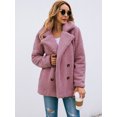 thumbnail image 4 of Mujeres chaqueta de piel sintética borroso osito de peluche muescas solapas Touble Breasted botones Abanopi Rosa/XXL, 4 of 7