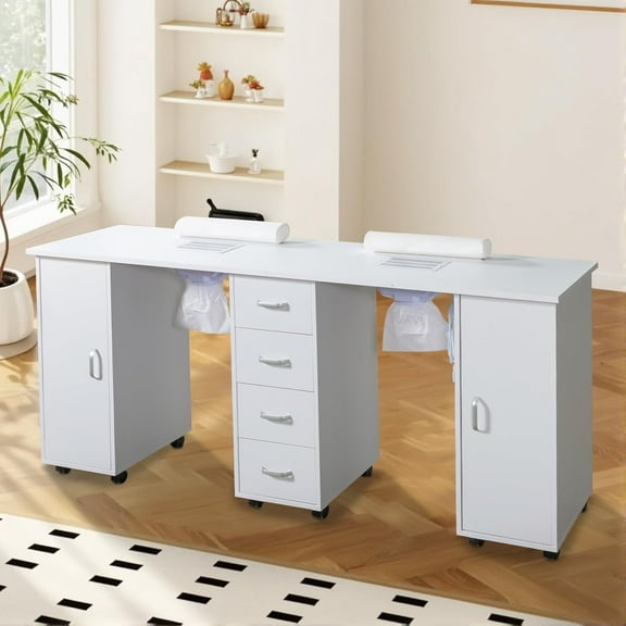 Ktaxon Double Nail Desk, Manicure Table with Dust Collector, 4 Drawers & Lockable Wheels