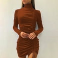 thumbnail image 2 of YWDJ Homecoming Dresses 2022 Plus Size Women Fashion Turtleneck Long Sleeve Solid Color Shirring Mini Sheath Dress Brown L, 2 of 7