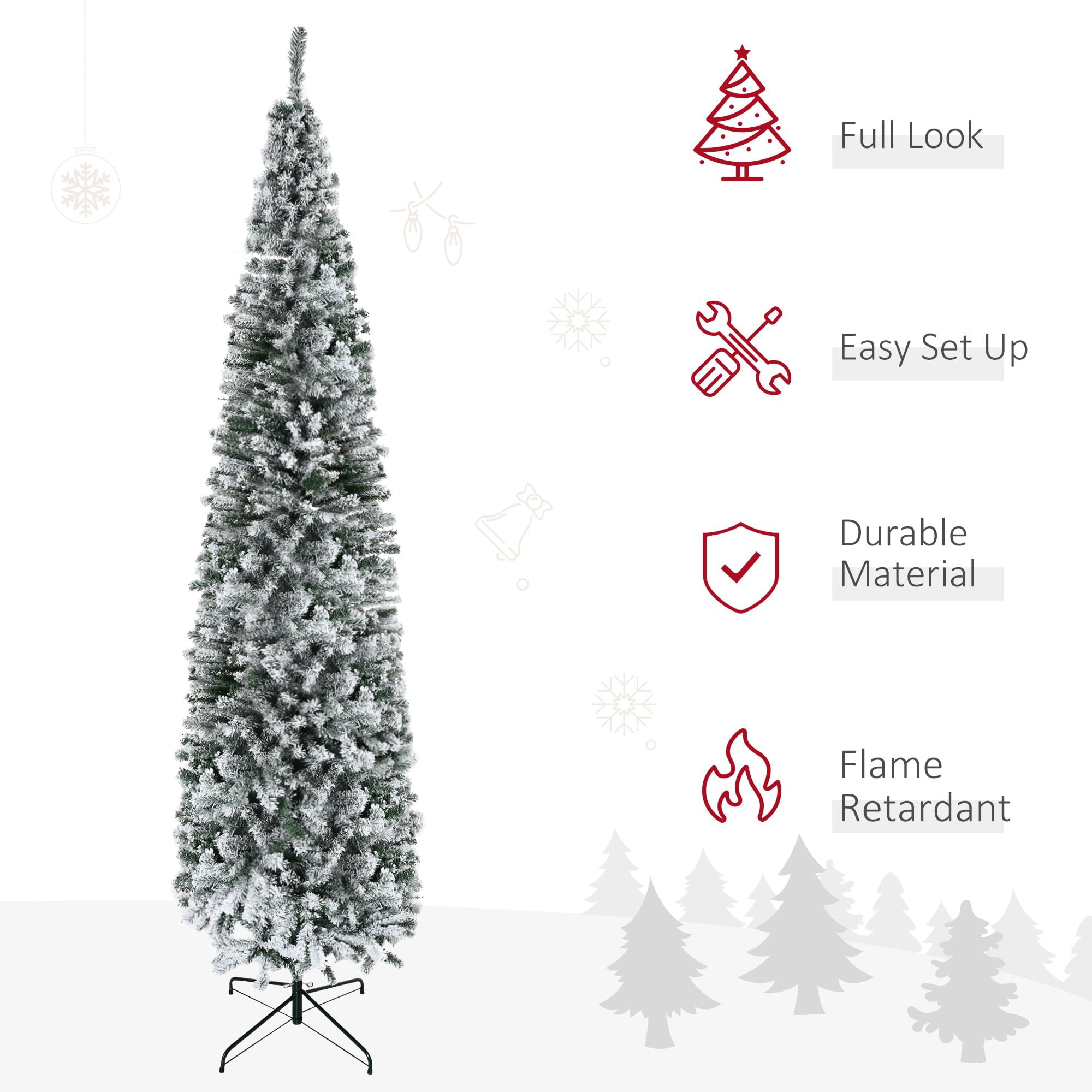 9 ft Flocked Artificial Christmas Tree, Slim Unlit Pine with 1014 Tips, Hinged PVC, Indoor Holiday Decoration