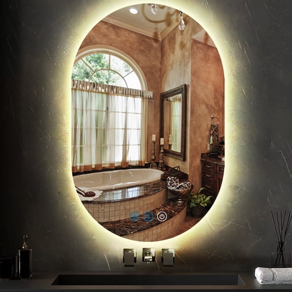 Oval Bathroom Backlit Smart 16" X 24" Mirror with Lights Oval Lighted Mirror for Bathroom 3 Color Anti Fog Dimmable Wall Mounted Frameless Backlit Light up Makeup Ovals LED Bathroom Mirrors