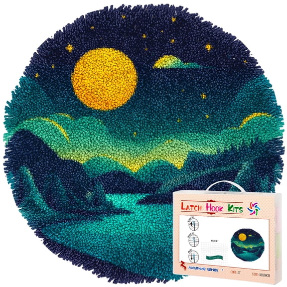 Latch Hook Rug Kit Night Moon Stamped Handmade Round Shape Carpet Crochet Yarn Craft DIY Hook and Latch Door Mat Tapestry for Christmas Home Floor Decor 50x50cm(2)