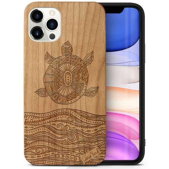 Case Yard Wooden Case Outside Soft TPU Silicone, Slim Fit Shockproof Wood Protective Phone Cover for Girls Boys Men and Women, Supports Wireless Charging Sea Turtle Design case for iPhone-11-Pro-Max