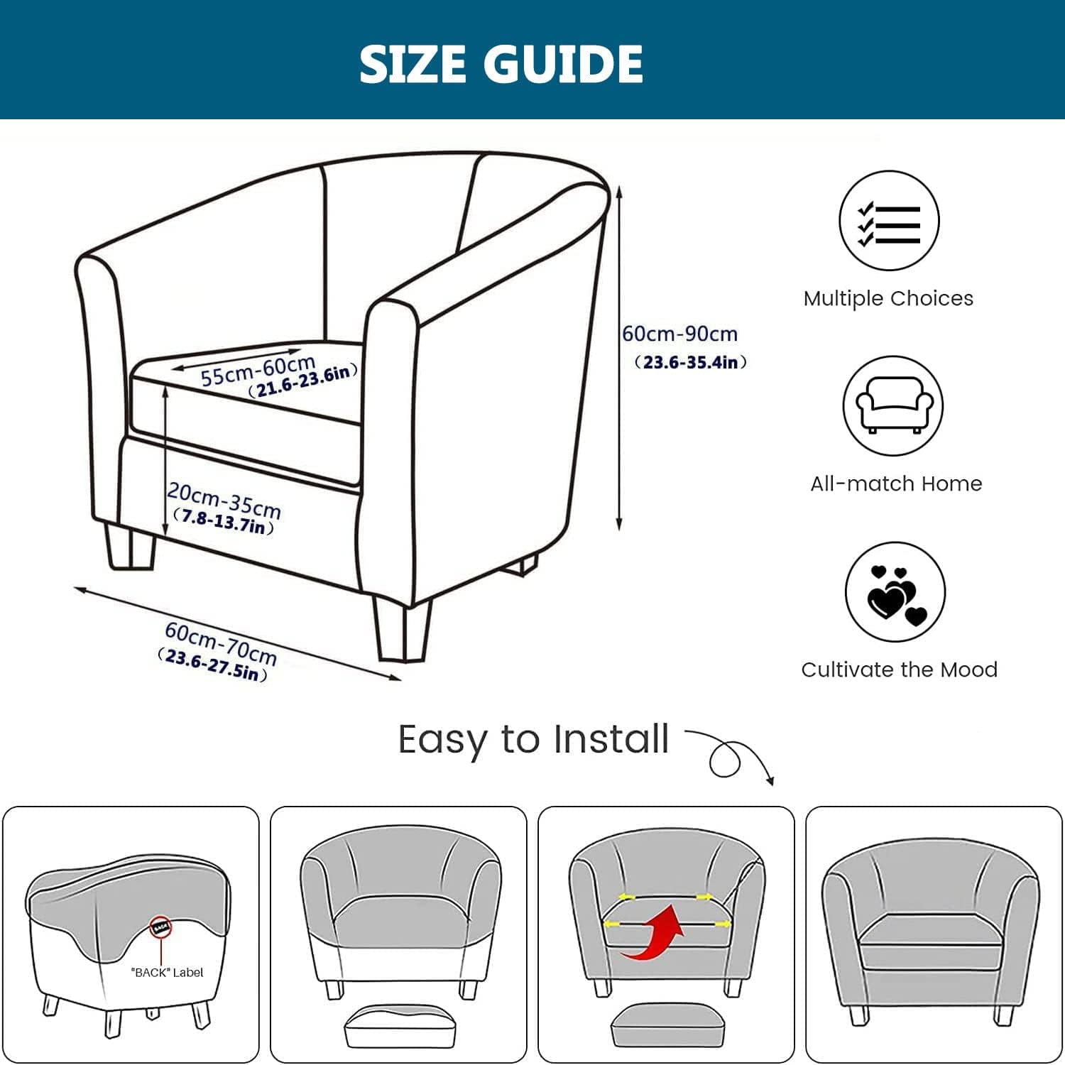 BH-JJSMGS Stretch Club Chair Slipcovers 2 Pieces, PU Leather Round Barrel Chair Cover with Cushion Cover, Oilproof Couch Cover for Cats Dogs