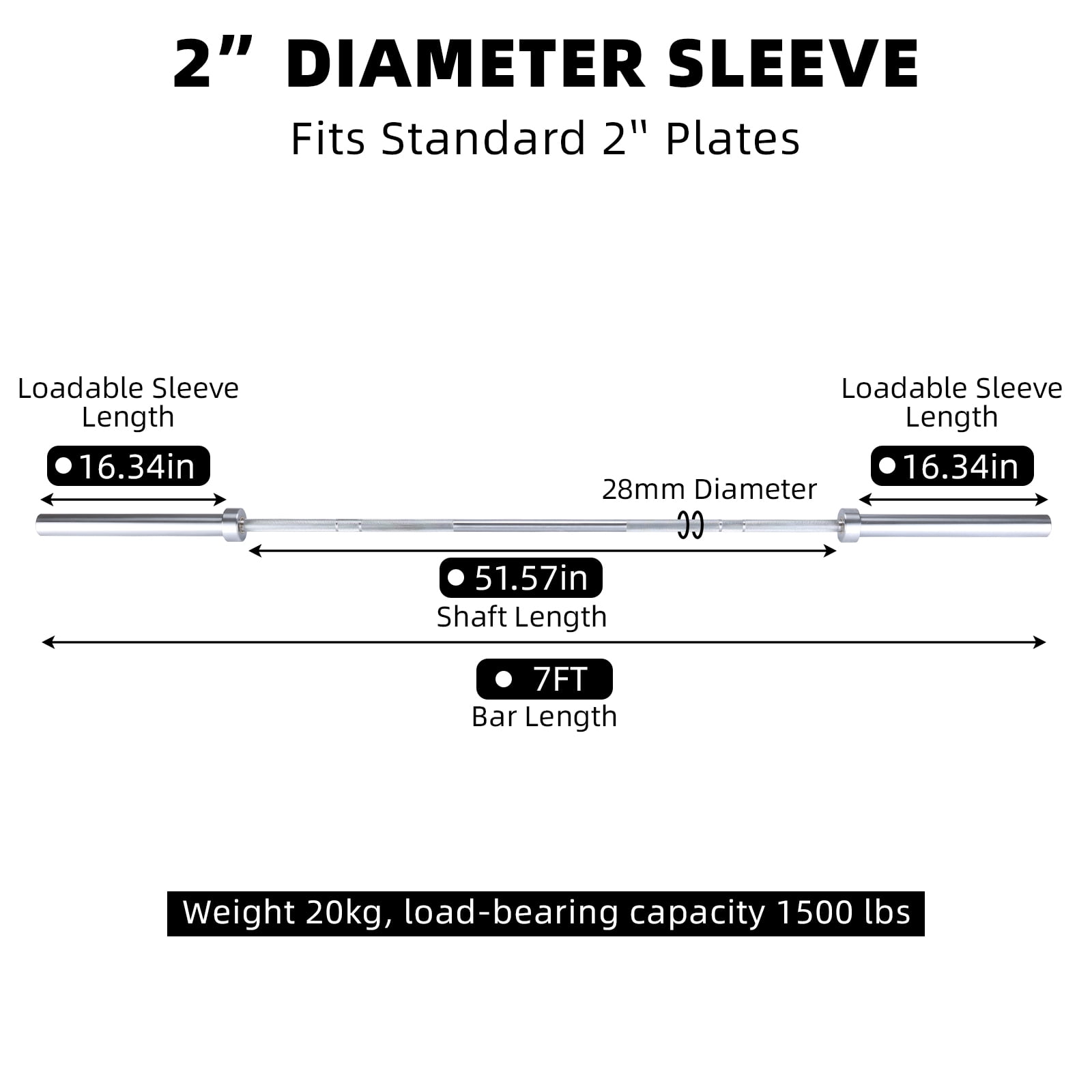 GARVEE 7FT Olympic Barbell Bar with 2 Collars,1500 LB Capacity Weightlifting & Powerlifting Bar,Fits 2-Inch Plates,Strength Training Bench Press Bar for Home Gym,Silver