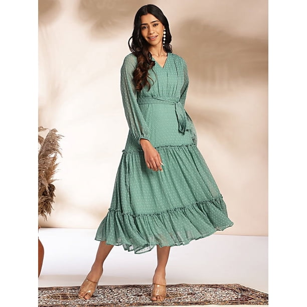 white christmas dresses Women's Light Blue Dobby Chiffon Embroidered Three Quarter Sleeves Dre –  Trendia main image 1