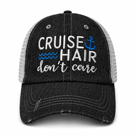 Cruise Hair Don't Care Embroidered Baseball Hat Mesh Trucker Style Hat Cap Cruise Vacation Dark Grey