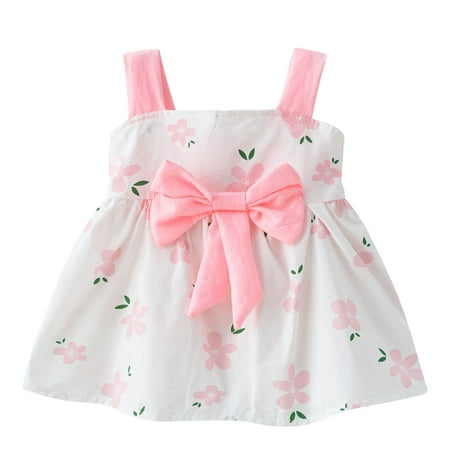AJTQTH Princess Dress for Girls Summer Cotton Comfy Clothes Colorblocked Suspender Square Neck Sleeveless Cute Floral Printed Sundress with Bowknot Gowns Frocks Pink#01 1 Years