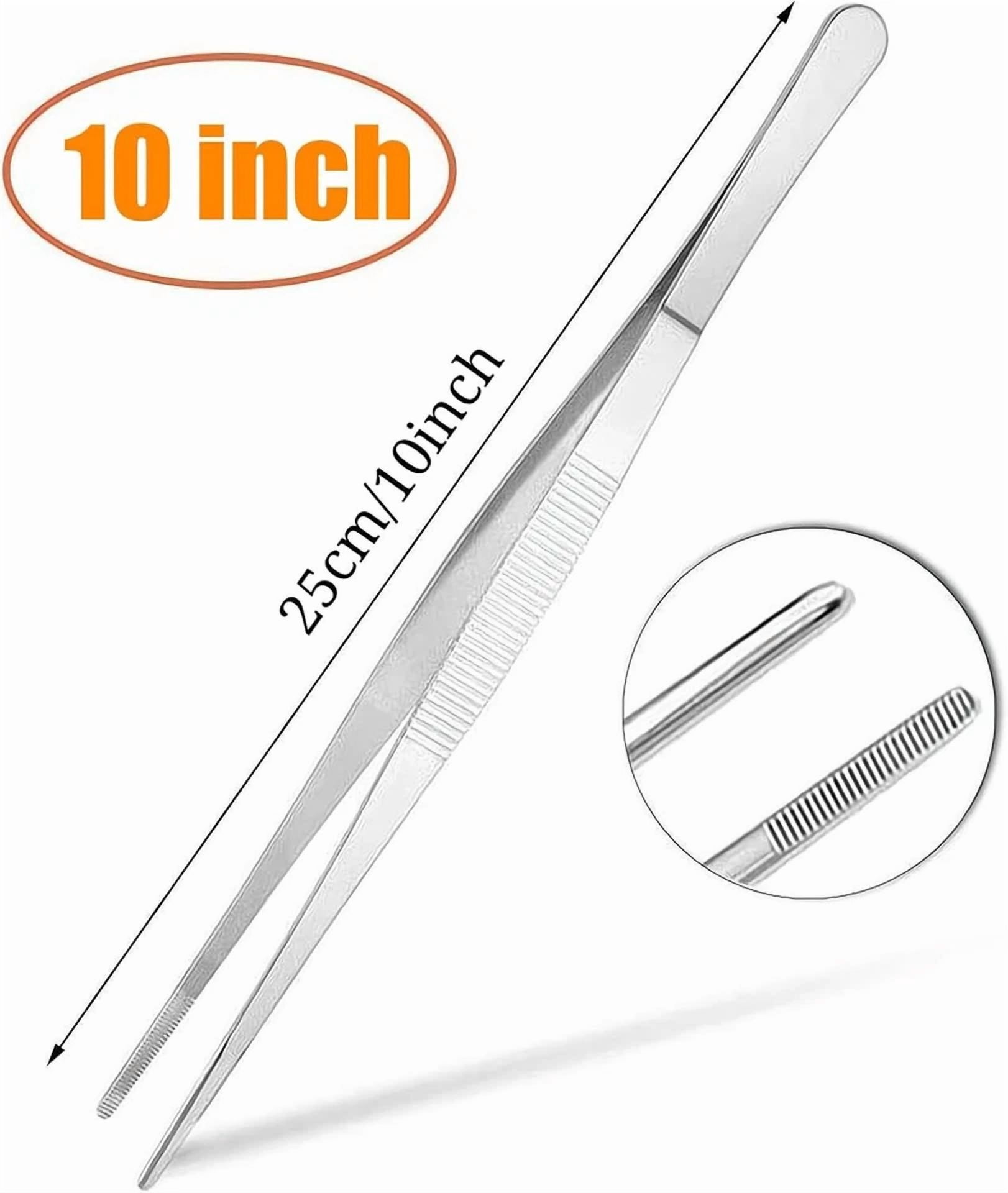 CRESTIN- 2Pcs Stainless Steel Kitchen Tweezers, 10-Inch Culinary Fine Tweezer Tongs Food